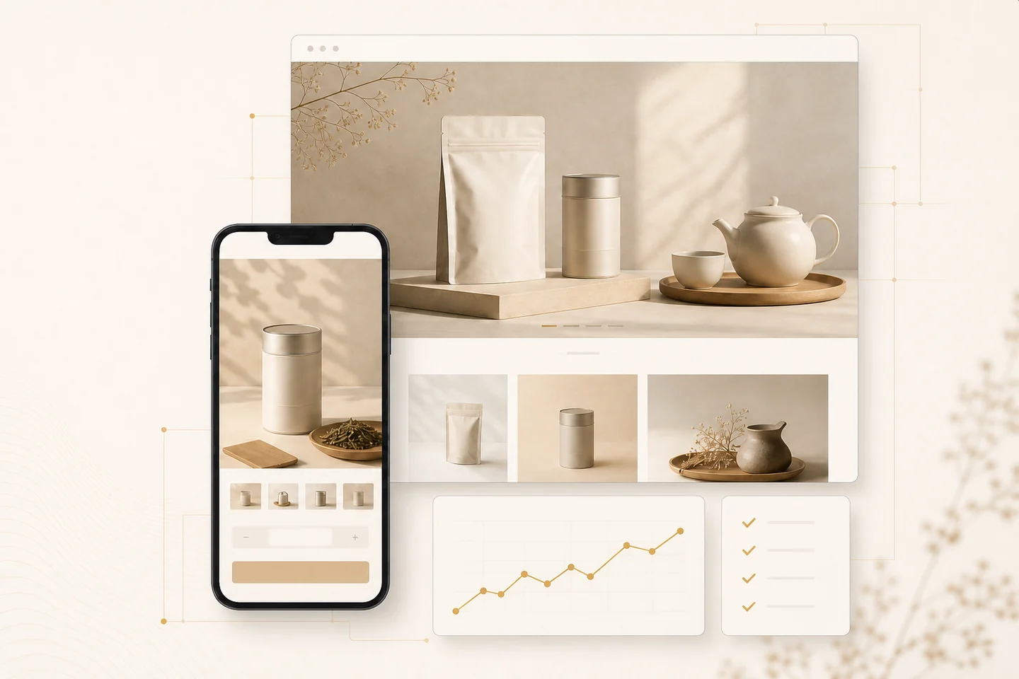デスクトップ、スマートフォン、運用画面を組み合わせたECサイト制作イメージ
